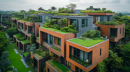 Aerial View of Modern Green Roofs and Sustainable Urban Housing