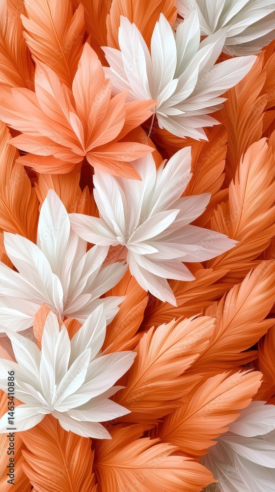 Poster close up view of a collection of stylized paper leaves in varying shades of peach and off white, arr