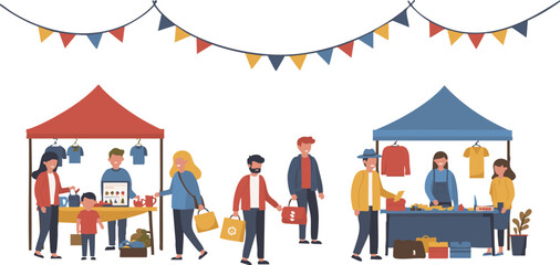 People enjoy shopping at a colorful outdoor market with various stalls under a string of flags Great for illustrating local business and community.
