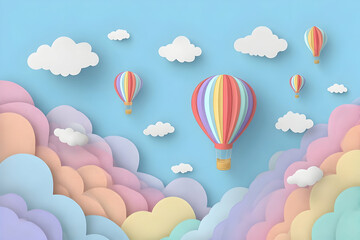 Colorful paper cut hot air balloons soaring through the sky.