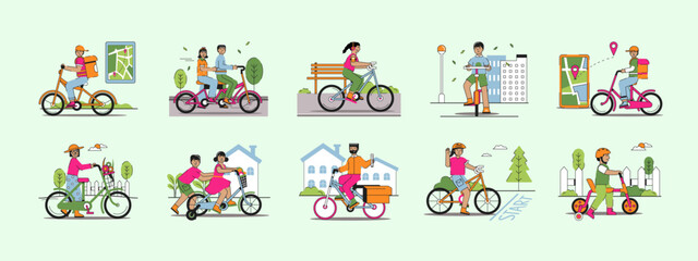 Fototapeta premium Biking illustrations set. Flat vector illustration concept.