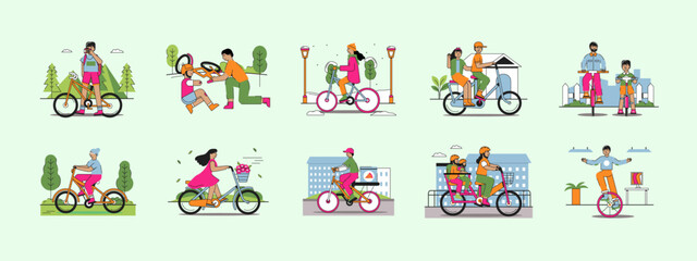 Biking illustrations set. Flat vector illustration concept.