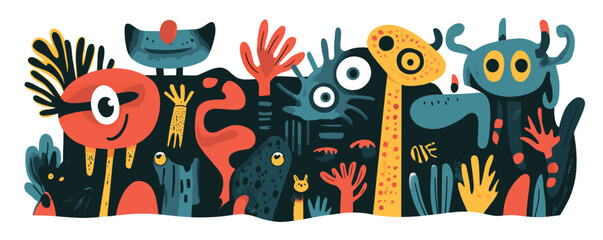 Colorful abstract creatures with eyes and hands in a playful art style.