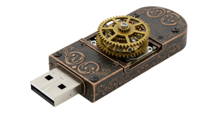 Steampunk USB flash drive with exposed brass gears isolated on white background