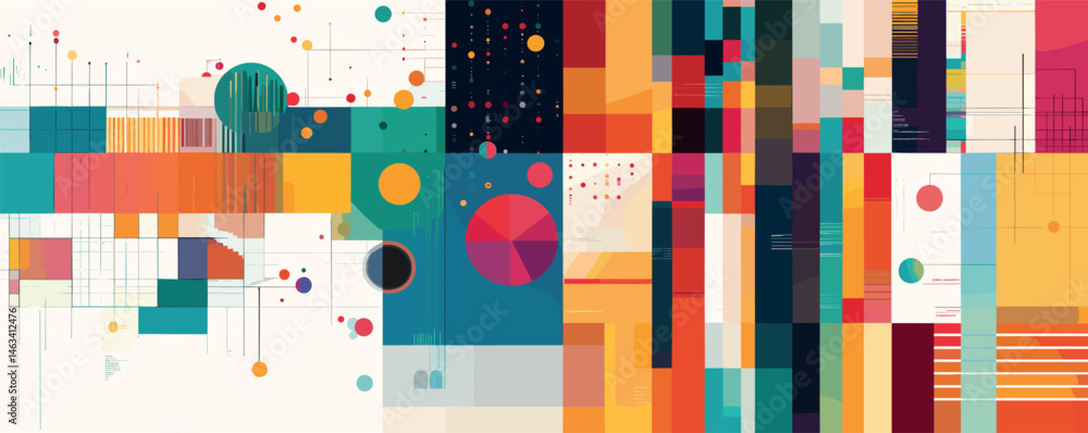 Poster abstract geometric composition with colorful circles and rectangles.