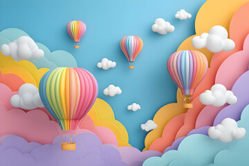 Colorful hot air balloons floating amongst pastel clouds.
