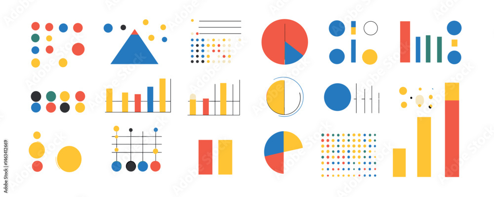 Poster colorful geometric charts and graphs collection on white background.