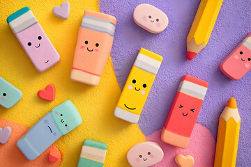 Colorful school supplies with cartoon faces.