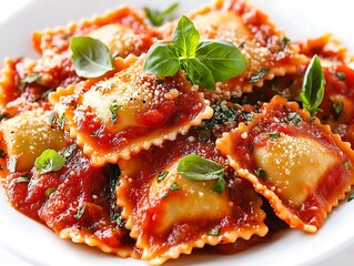 Authentic Italian Ravioli Delight in Fresh Tomato Sauce and Basil Garnish