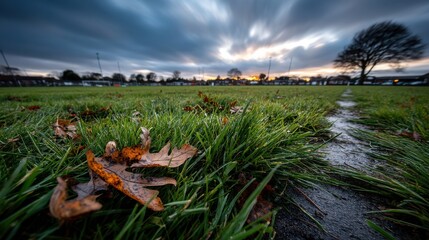 Naklejka premium Grassy Field with Leaves and Cloudy Sunset