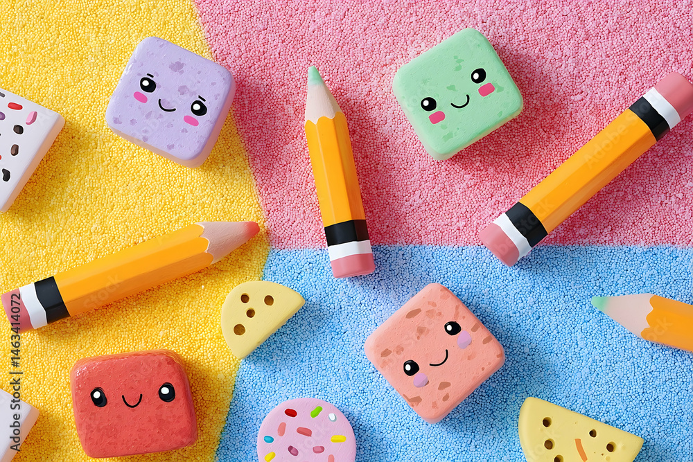 Poster Colorful stationery objects arranged on a textured surface.