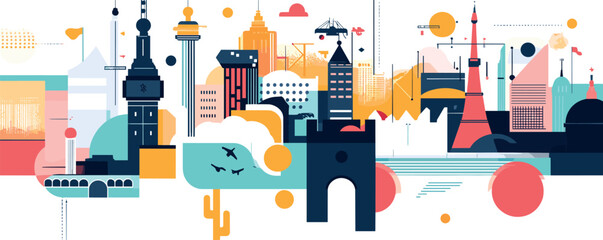 Colorful abstract cityscape with iconic landmarks in modern geometric style.