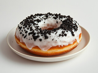 A glazed doughnut with white icing and black Oreo crumbs on top