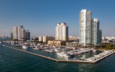 Fototapeta premium Miami Beach aerial drone view with skyline. Miami from above. Drone view of Miami famous landmarks.