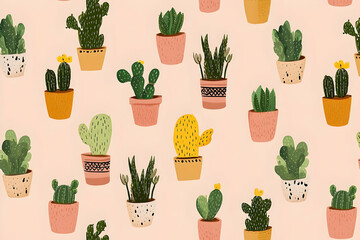 Repeating pattern of potted succulents and cacti.