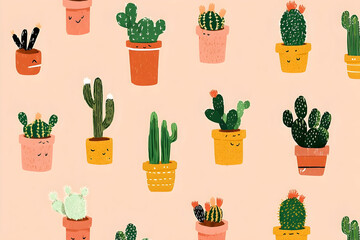Playful cactus pattern in terracotta pots.