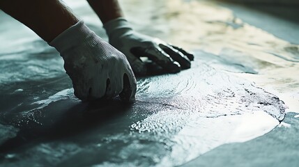 Hands in Gloves Working with Wet Material