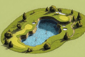 Artistic illustration of a challenging golf hole with a large water hazard.