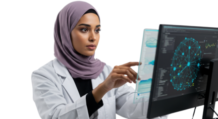 Woman in hijab working on a computer with a futuristic transparent display isolated PNG with Transparent Background