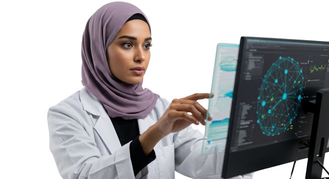 Woman in hijab working on a computer with a futuristic transparent display isolated PNG with Transparent Background