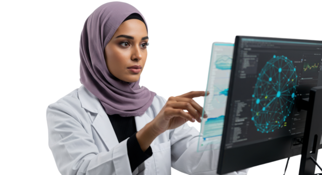 Woman in hijab working on a computer with a futuristic transparent display isolated PNG with Transparent Background