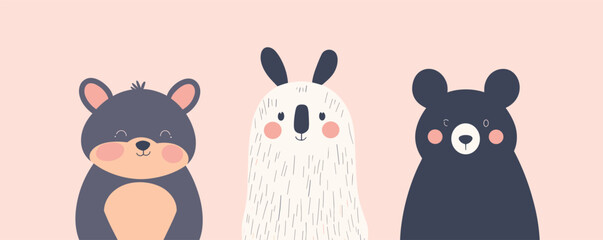 Cute cartoon animals: adorable bear, bunny, and bear illustration in pastel colors.