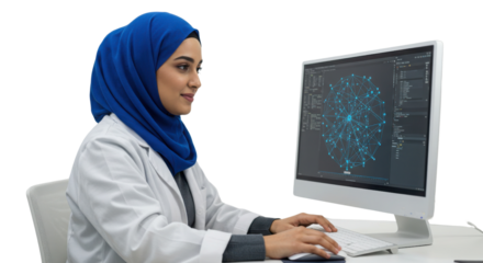 Young woman working at computer with scientific data isolated PNG with Transparent Background