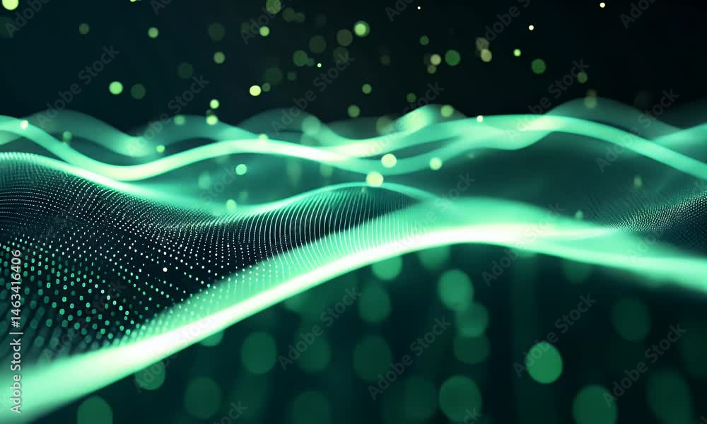 Poster abstract green glowing wavy background with particles and waves, glowing light effect, black backgro