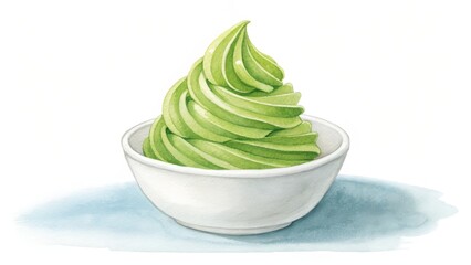 Watercolor Matcha Soft Serve Ice Cream in Bowl, Digital Painting, Food Illustration, Matcha Green Tea, Soft Serve Matcha, Ice Cream