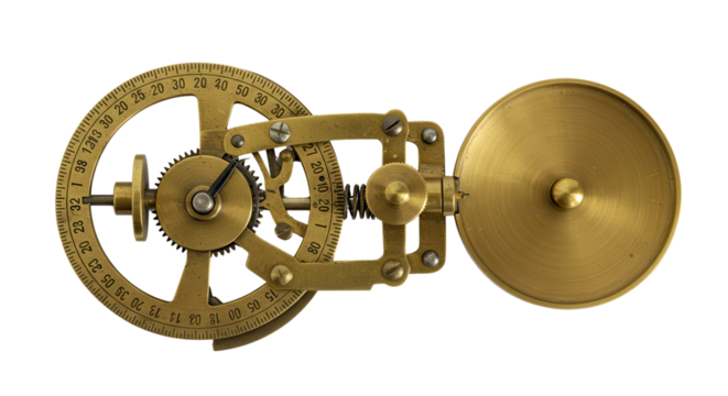 Close-up of Vintage Brass Clockwork Gear Mechanism Isolated on White Background