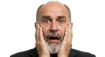 Shocked senior man holding face with hands on white background