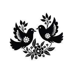 Vintage floral doves silhouette vector illustration. romantic bird design, botanical wedding emblem, decorative love symbol

