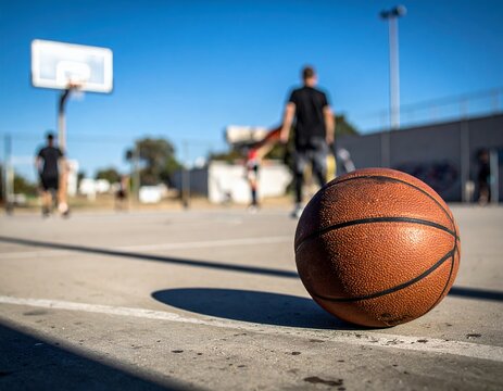 Sunlit Outdoor Basketball Court with Focus on the Ball