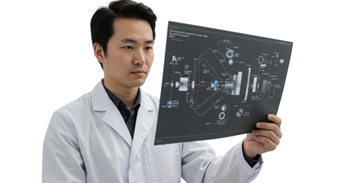Asian man in lab coat inspecting technical blueprint isolated PNG with Transparent Background