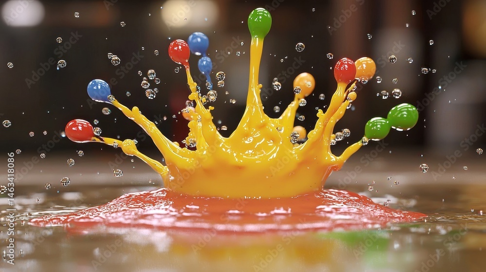 Poster vibrant yellow liquid splash with colorful droplets creating a crown like shape against a blurred ba