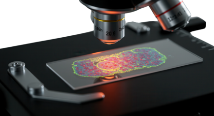 Colorful cell sample under microscope objective on glass slide