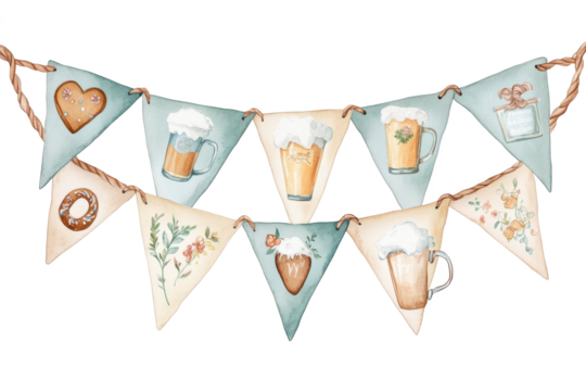 Watercolor banner with beer mugs and sweets hanging on a rope fo