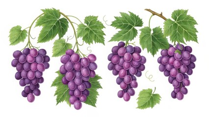 Watercolor Painting of Three Grape Bunches, Botanical Illustration, Vine Leaves, Purple Grapes, Fruit Still Life Grapes, Watercolor