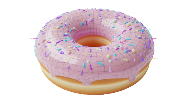 3D Render of Pink Frosted Donut with Colorful Sprinkles and Wireframe Mesh Isolated on White