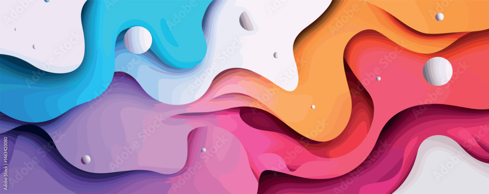 Poster abstract colorful waves with 3d spheres in a dynamic flowing design.