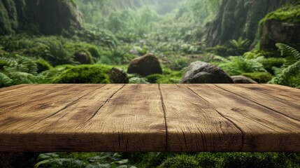 Exploring nature's serenity wooden table in lush forest scenic view tranquil environment