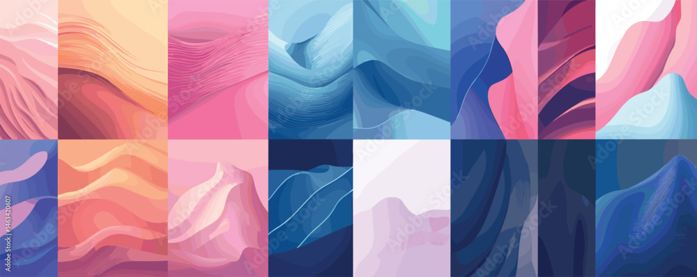 Poster abstract geometric patterns in vibrant colors and fluid textures.