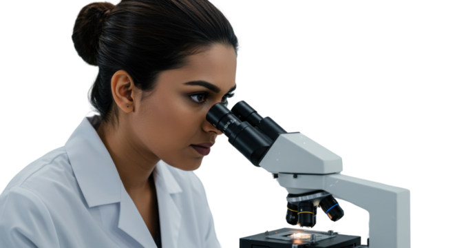 Female scientist analyzing sample with microscope isolated PNG with Transparent Background