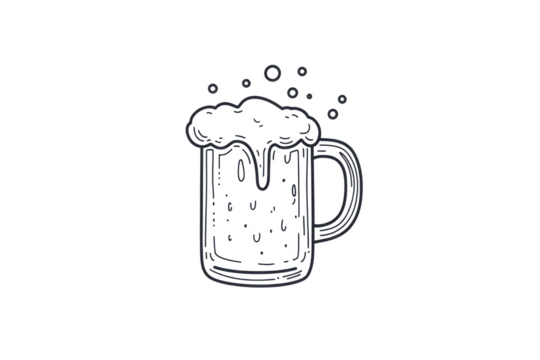A sketched beer mug with foam and bubbles on a black background