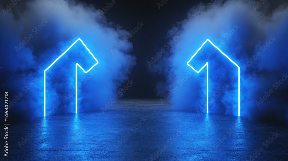 Poster abstract neon number one glowing in dark setting with mist background and reflection