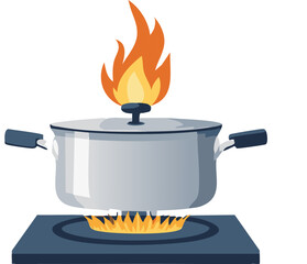Metal Cooking Pot on Gas Stove with Blue Flame Vector Illustration