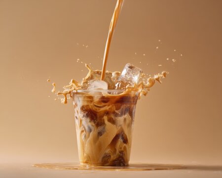 Close-up of caramel iced latte in a transparent cup showcasing swirling coffee texture blending with creamy milk, condensation droplets on the glass surface, commercial product photography