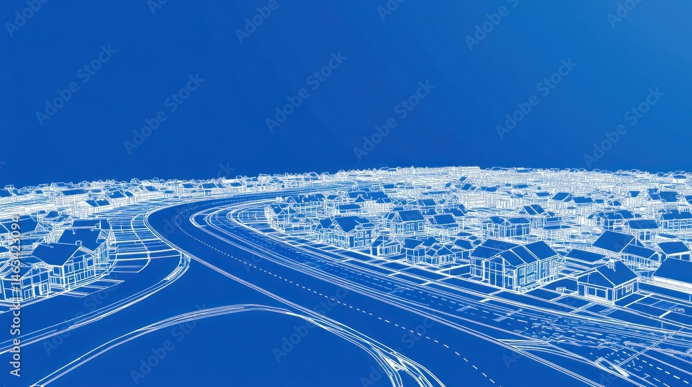 Poster blueprint of a suburban development: a wireframe rendering of a modern residential area