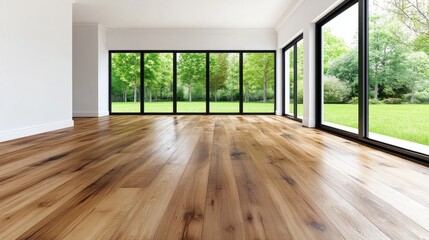 Fototapeta premium Bright, spacious empty room with large windows overlooking a lush green garden. Warm brown hardwood floors and bright natural light illuminate the