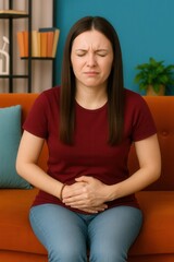 A woman shows a pained expression while clutching her stomach, sitting on a sofa in a striped shirt and jeans